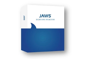 Packaging box for Jaws Screen Reader software with blue and white color theme.